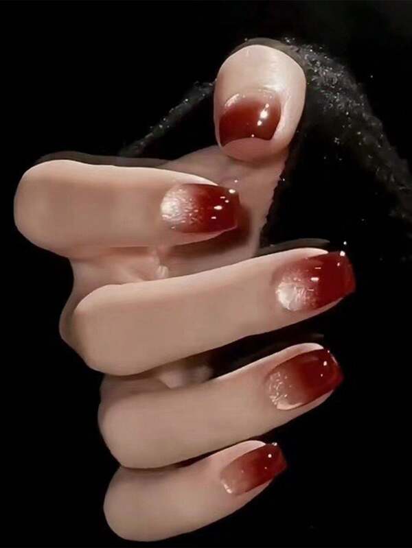 10 Peças de Unhas Postiças Quadradas Curtas, Unhas Curtas Vermelhas de Olho de Gato de Outono e Inverno, Design Gradiente de Cor Sólida Clássica, Estilo Elegante, Arte de Unhas Postiças de Cobertura Total, Adequado para Uso Diário, Festa e Ocasiões Especiais por Mulheres e Meninas.
