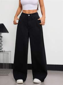 1 قطعة سراويل جينز نسائية فضفاضة واسعة الساق، بأسلوب الشارع الأمريكي الكاجوال المريح، متعددة الاستخدامات لجميع المواسم (الحزام/الاكسسوارات غير مشمولة) - الأسود - مشاهدة 3