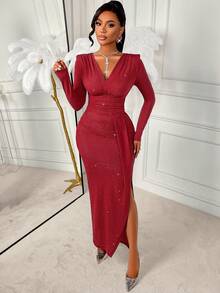 AIJ Amarilo 女士秋冬晚礼服，适合派对和聚会，V 领，肩部褶皱细节，腰部贴合，下摆褶皱，闪光面料，褶皱装饰，长款廓形