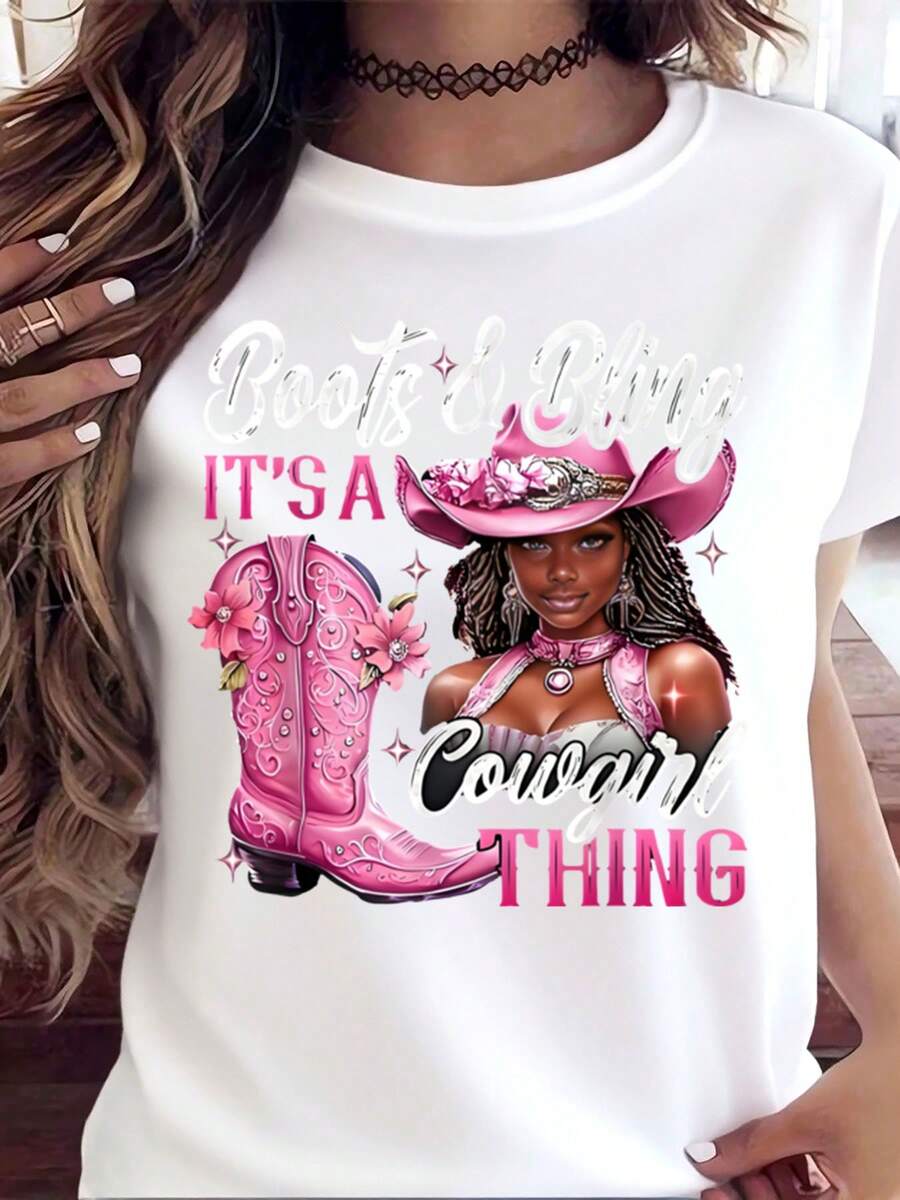Boots & Bling It's A Cowgirl Thing Pink Cowboy Boots And Hat Graphic T-Shirt For Women, Country Western Style Fashion Tee, Perfect For Cowgirl Parties, Rodeo Events, And Country Music Festivals,220g - 白色 - 查看 1