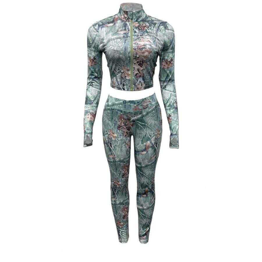 Autumn Retro Style Fashion Slim Fit Floral Pattern Cropped Top Tight Trousers Daily Street Women's Suit