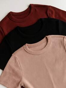 Kit 3 Short Sleeve Ribbed Blouses For Women, Basic, Elegant, Summer - Nude/Black/Brown - View 2