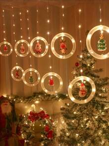 1 pieza Juego de luces LED tipo cortina navideña cálida, incluye patrones de Papá Noel, renos, muñeco de nieve y árbol de Navidad con 3 metros y 112 luces LED, luces de decoración navideña alimentadas por USB, adecuadas para el hogar, dormitorio y decoración festiva, decoración colgante interior