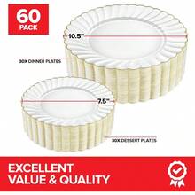 60 Pack Elegant Ivory And Gold Scalloped Plastic Plates Heavy-Duty Disposable Cream Plates With Gold Rim For Thanksgiving Holidays Dinners And Partiesgift - trắng - Xem 2