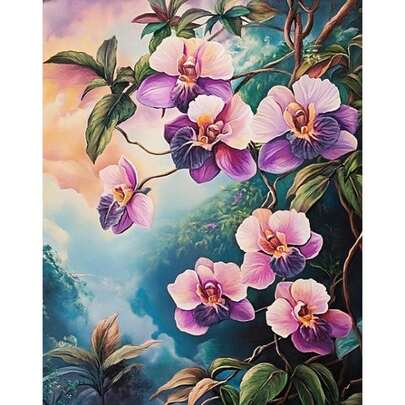 Floral Diamond Painting Kit 12x16inch - DIY 5D Full Drill Round Diamond Art For Beginners, Canvas Diamond Mosaic Wall Decor Craft, Orchid Flower Pattern Home Living Room Decoration, Frameless Diamond Painting Set With Tools Included