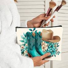 Botas y sombrero de vaquero rosa y bolsa de maquillaje con estampado de lazo y cremallera, bolsa de cosméticos y bolsa de aseo - Bolsa de medicina reutilizable de estilo vaquero occidental, bolsa de almacenamiento de estética universitaria para bolígrafos, bolsa de viaje y maquillaje - Para la escuela, la decoración del hogar de verano, la bolsa de aperitivos de 9 "x 6" Bolsa de maquillaje, neceser, bolsa de cosméticos, bolsa de lavado, artículos esenciales de viaje, artículos esenciales de vacaciones para hombres y mujeres