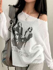 2025 春秋新款图案印花时尚女式休闲通勤长袖上衣 - 白色 - 查看 2