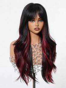 Topshe Ava WIGS 26吋紅色漸層黑色合成假髮，附瀏海，無需黏膠，耐熱，無蕾絲，黑色與紅色長波浪假髮，適合女性日常、派對、Cosplay、節日禮物、時尚選擇、萬聖節 - 拼色 - 查看 5