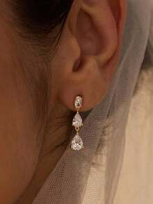 14K Gold Plated Long Cubic Zirconia Teardrop Dangle Earrings, Elegant Bridal Wedding Earrings, Bridesmaid Teardrop Earrings, Formal Occasion Jewelry - Nhiều màu - Xem 2