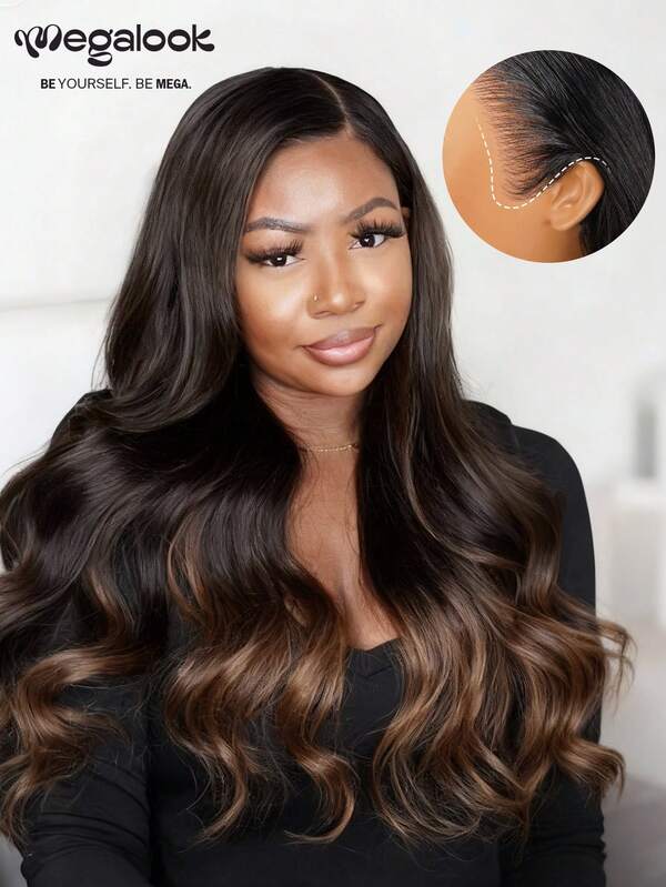 MEGALOOK Peluca con ondas corporales de color ombre marrón Upgrade 13x6 Three-Go™ con encaje sin pegamento y cordón - 100% cabello humano con línea del cabello natural invisible, nudos invisibles y encaje frontal transparente, amigable para principiantes - No se necesita pegamento, duradera y de larga duración, ligera y cómoda todo el día, mínimo desprendimiento