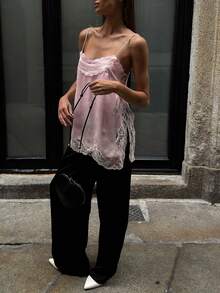 Women Lace Trim Satin High Low Tops Silk Spaghetti Strap Side Split Asymmetrical Cami Top Flowy Silky Layering Tops - Hồng - Xem 3