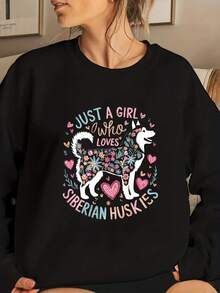Simple And Monotonous Cartoon Text Interesting Print Soft Cozy Pullover Sweatshirt WithCrewneck Sweatshirt , Long Sleeves,  Plus Size Crewneck Sweatshirt , Cartoon Character Design For Cozy, Fall/Winter Casual Wear For Women. - 黑色21 - 查看 1