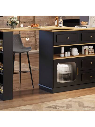 Moderne Bar Tafel Extendable, Rotatable 360 Degrees, Shelves Drawers, High Kitchen Isl Sideboard Cabinet Glass, Dining Room Living view 3