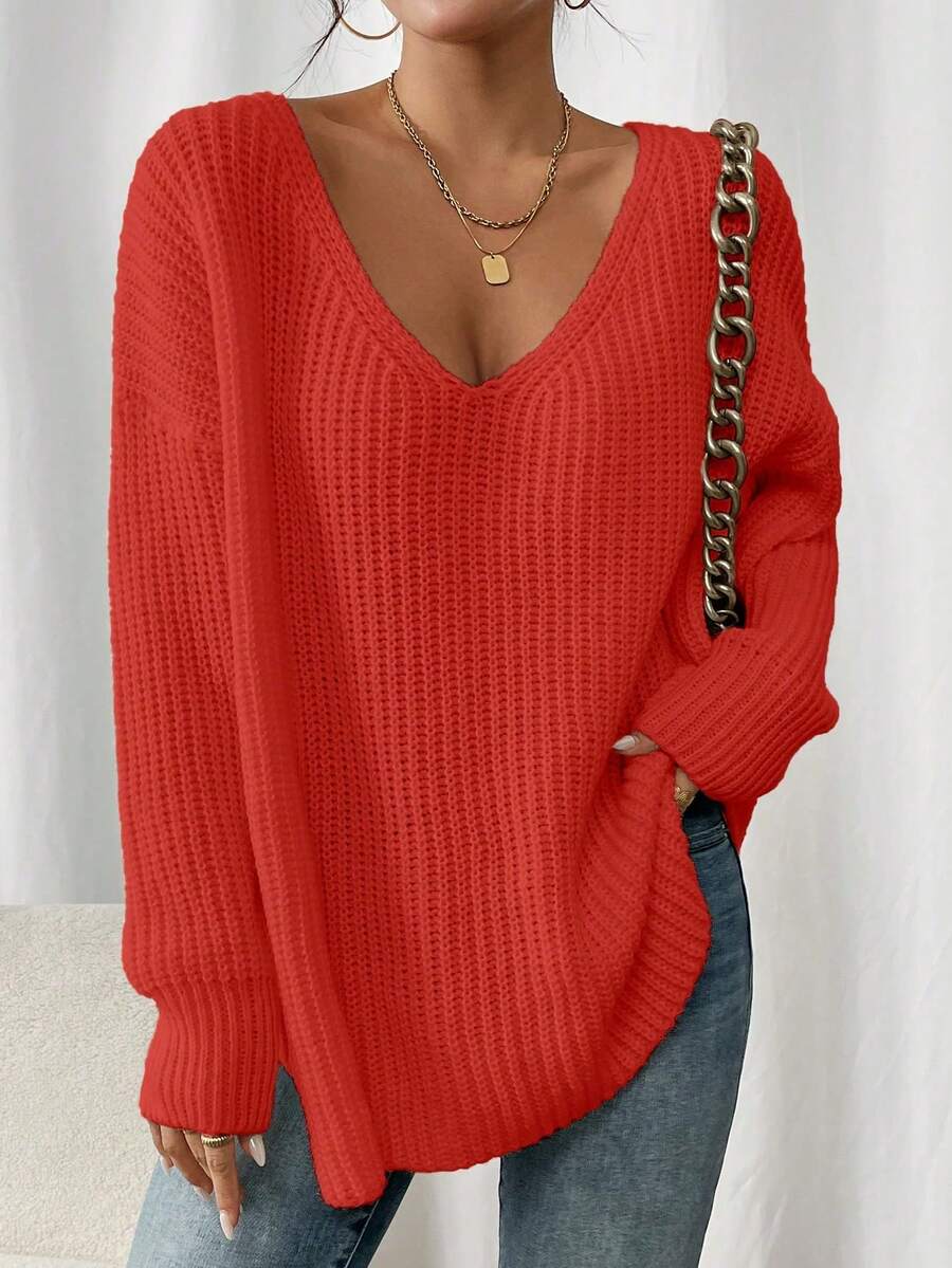 Plus Size Women's Solid Color V-Neck Dropped Shoulder Long Sleeve Loose Casual Knit Sweater, Pullover Style, Suitable For Autumn/Winter[Back To School Season]