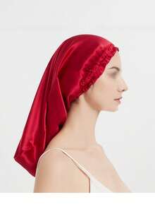 قبعة نوم طويلة من الساتان، قبعة العناية بالشعر مع حزام رقبة مطاطي، وشاح رأس من ألياف البوليستر بلون واحد