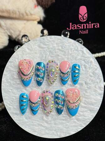 10 Pcs Of Handcrafted Y2K Press-On Almond Nails, French Pointed Style, Short Nails, Blue Color, 3D Bow, Magic Mirror Powder Design, Suitable For Women And Girls For Home Use, Holidays, Birthdays, And Other Occasions. Reusable 3D Full-Coverage Press-On Nails.