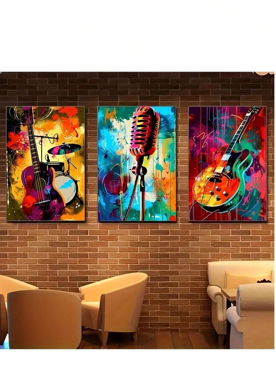 Frameless Modern Abstract Music Canvas Art Set - 3 Pieces: Guitar, Drum & Microphone Designs - Perfect For Bedroom, Living Room, Home Office Decor - Wall Posters - Canvas Material - Multicolor - View 1