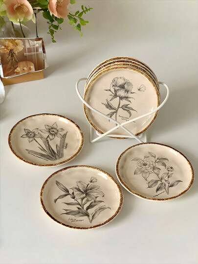 1/4 pezzi Piatti in ceramica vintage, piatti in ceramica con motivo floreale, piatti rotondi con bordo consumato, vassoi da dessert per la casa, servizio da tè pomeridiano, piatti per spuntino, piatti da regalo, adatti per Ognissanti, ciotole per caramelle natalizie