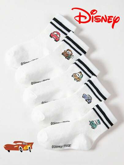Disney 5 Pairs Pixar Cars Cartoon Pattern Kids Mid-Calf Socks, Black & White Striped, Cute Design, Fashionable Casual Breathable Student Socks, Suitable For Daily Wear, Back To School, Holiday Gifts