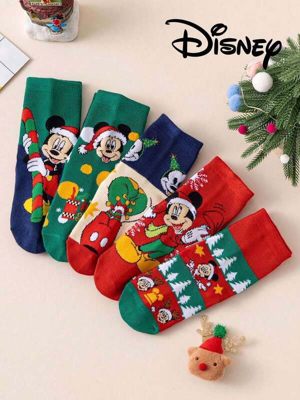 Disney 5 pares de calcetines navideños para niños, calcetines de regalo de Año Nuevo con diseño de Mickey Mouse, calcetines navideños y de Año Nuevo con dibujos animados para niños y niñas, calcetines novedosos y divertidos con personajes, calcetines para el hogar para niños