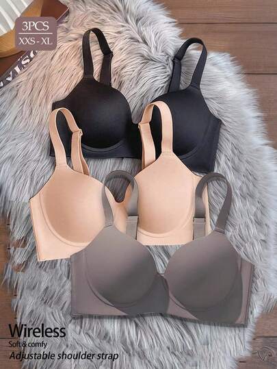 3pcs/Set Black, Skin Color, Gray Wire-Free Ladies Bras, Seamless Push-Up Comfortable Breathable Solid Color Sexy Adjustable Strap Elegant Bras