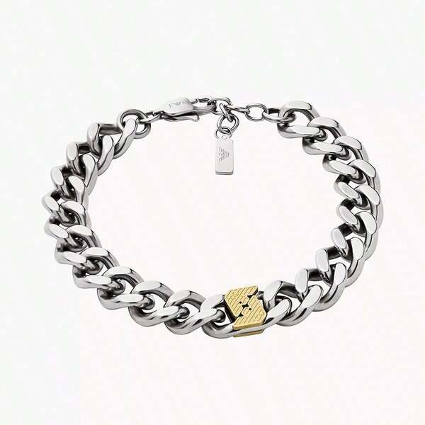 Armani EMPORIO Armani Light Luxury Hip-Hop Cuban Chain, Fashionable, Simple And Cool Street Style Stainless Steel Bracelet For Men, Silver EGS3186040