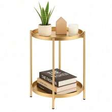 Round Side Table With 2-Tier Storage Modern Metal End Table With Removable Tray Small Coffee Table For Living Room Bedroom Balcony Patio - Gold - View 2