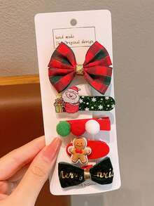 5件套圣诞主题发夹套装，包括蝴蝶结、圣诞老人、装饰球、姜饼人、字母印花，适合女性圣诞节假日庆祝活动和派对佩戴 - 彩色 - 查看 2