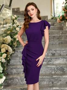 MIUSOL Vestido de cóctel con manga de volante asimétrica de unicolor, vestido elegante semi-formal de verano para mujer - Morado - Ver 4