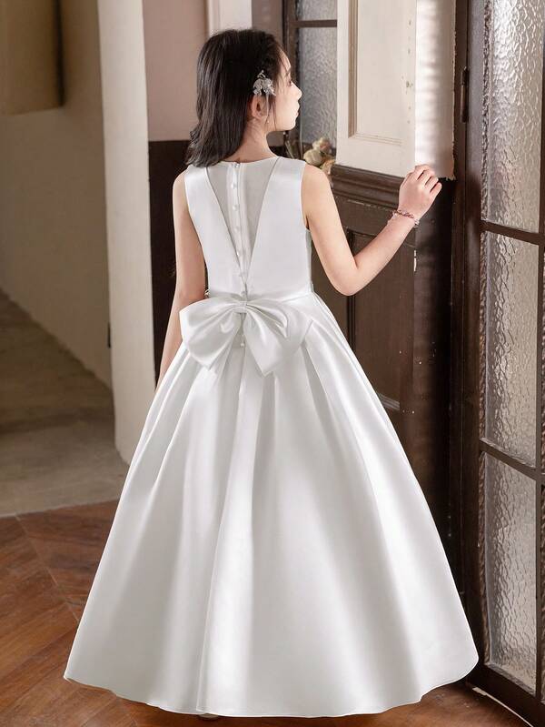 White Long Dress Formal Gown For Teen Girl Birthday Party, Wedding, Bridesmaid Dress With Big Bow