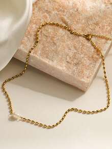 1Pc A Light Luxury Vintage Style 18K Gold Plated Stainless Steel Bead Necklace Adorned With White Pearls Is Suitable For Ladies To Wear At Dinner Parties Or Weddings. - Vàng - Xem 2