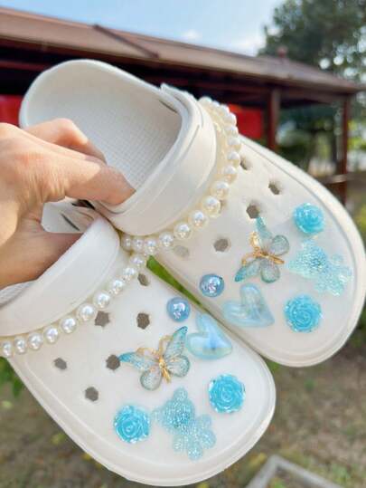 14pcs Shoe Accessories, Suitable For Hollow Sandals, Slippers, Garden Shoes, Beach Shoes, DIY Bowknot, Pink Bear, Heart Shape, Removable ABS Pearl Decorations, Ideal For Holiday And Birthday Gifts