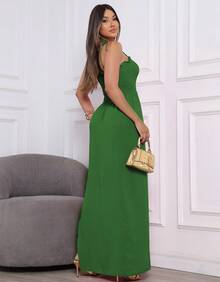 Elegant Long Dress With Adjustable Elasticated Straps And Side Slit. - Green - View 6