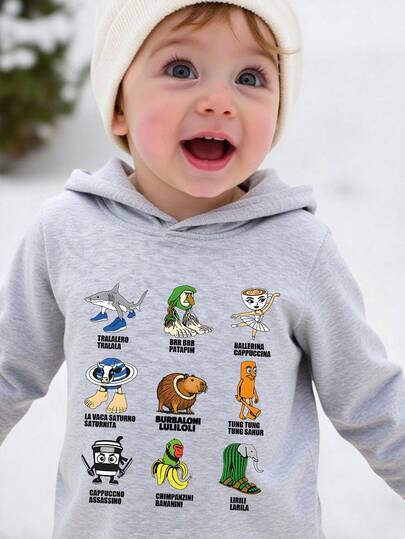 Felpa con cappuccio casual con stampa grafica di bambini, slogan divertente "Tung Tung Tung Sahur" e bambola di legno, signora del caffè, squalo, calda per autunno/inverno