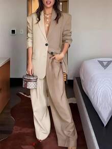 Bộ vest công sở màu trơn thanh lịch dành cho nữ, cài nút phía trước, màu tương phản, phù hợp để mặc đi làm và mặc thường ngày - Trắng đục và xám - Xem 3