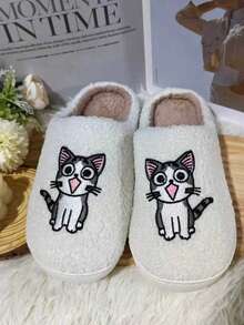 Pantofole da donna con motivo animale carino, fodera in peluche e lacci, pantofole da casa con cartoni animati antiscivolo per l'inverno