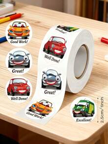 500张卡通汽车鼓励涂鸦贴纸，1英寸圆形，4种图案，重复“太棒了！”“做得好！”文具办公学校奖励用品，PVC防水贴纸 - 500貼 卡通小汽車貼紙 - 查看 1