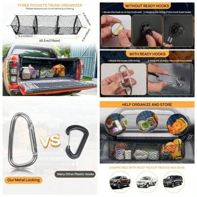 Kakaswise Cargo Net Trunk Bed Organizer, Mesh Storage Net With 4 Metal Hooks, 43.3*11.8 Inch Heavy Duty Cargo Net SUV, Car, Pickup Truck Bed, Truck Ac