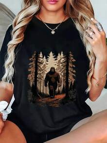 T-shirt en coton 100% Bigfoot pour femmes et hommes, décontracté pour les vacances d'été, doux, coupe ample, confort classique - Noir - Voir 1