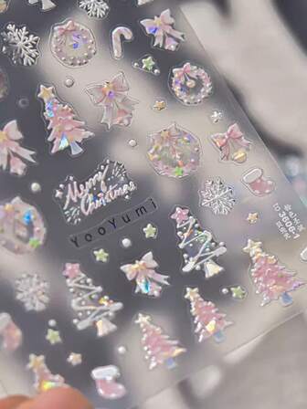1pc 5D Embossed Nail Stickers Glitter Pink Christmas Nail Art Stickers Decals Christmas Tree Snowflake Bell Design Decals Self Adhesive Winter Christmas Snowflake Nail Stickers Supplies For DIY Manicure