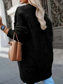 Cardigan clasic în culoare solidă pentru femei, mărime plus, pulover elegant, versatil, cu croială lejeră, cu mânecă lungă, deschis în față, negru de Crăciun pentru toamnă/iarnă - Negru - Vizualizare 5