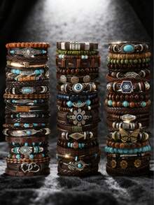 12/32/48Pcs Vintage Style Multilayer Pu Leather & Wooden Beaded Bracelet With Butterfly/Flower/Eye Charms - Handmade Friendship Bracelet For Men Women - Adjustable (Random Mixed) - Multicolor - View 1