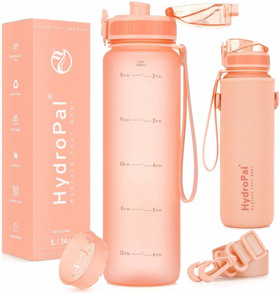 Unistar Water Bottle With Time Marker -Large 34 Oz Tritan Bottle & No Sweat Sleeve -Leak Proof Gym Sports Bottle With Fruit Infuser Strainer & Carrying Strap - Gift Package For Christmas - 淡粉 - 查看 1