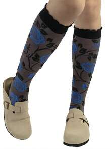 1 Pair Retro French Style Calf-Length Socks With Rose Embroidery, Elegant And Slimming, Suitable For Early Autumn