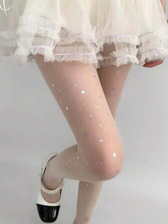 1 双女士闪亮星星印花透明连裤袜，薄款无缝紧身裤，裸感性感白色丝袜，纯黑色丝袜