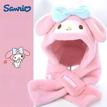 Sanrio 毛绒围巾帽，卡通 My Melody 加厚护耳帽，时尚保暖纯色围巾帽，适合户外骑行、旅行、徒步旅行，适合寒冷天气装备，冬季配饰，俏皮时尚，时尚
