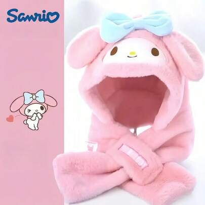 Sanrio Plush Scarf Hat, Cartoon My Melody Thickened Ear Protection Hat, Fashionable Warm Solid Color Scarf Hat For Outdoor Cycling, Travel, Hiking, Suitable , Cold Weather Gear, Winter Accessory, Playful Fashion, Stylish
