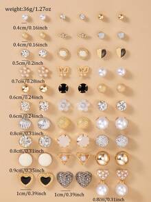 30 对/套金属仿珍珠耳钉，简约可爱时尚心形、泪珠形、蝴蝶形、水钻形、花朵形、太阳形设计，款式多样，适合日常佩戴，是送给女士的节日礼物 - 彩色 - 查看 6