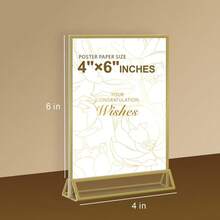 6 件金色亚克力标牌架双面金色相框 T 形 4X6 英寸（10X15 厘米），适用于菜单架、婚礼桌号、家居装饰、活动展示 - 金色 - 查看 4