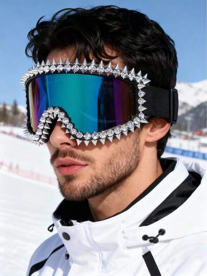 1pc Oversized Frame Men's Sports Glasses, Outdoor Sports Skiing Glasses, Color Lens Rivets, Men's And Women's Sports Skiing Glasses, Autumn And Winter Outdoor Glasses